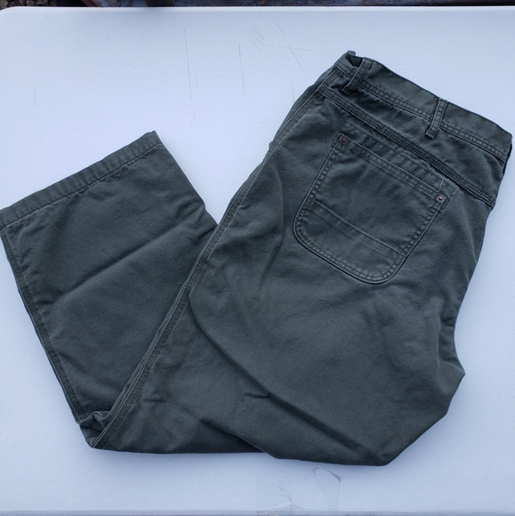 Vintage LL Bean Flannel Lined Jeans Olive Green 44x30 - Picture 2 of 9